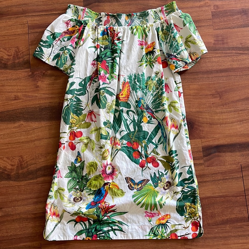 J Crew Smocked Off the Shoulder Tropical Island Print Mini Dress. EUC.